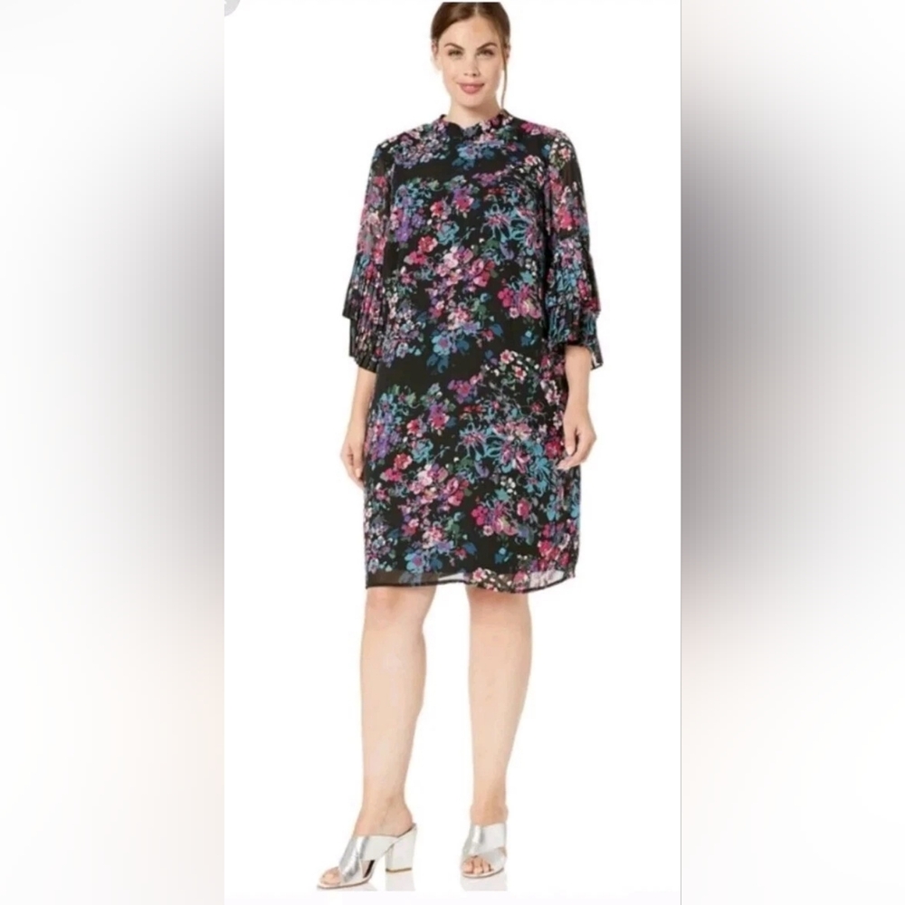 Sharagano Tiered Sleeve Black Floral Chiffon Shift Dress